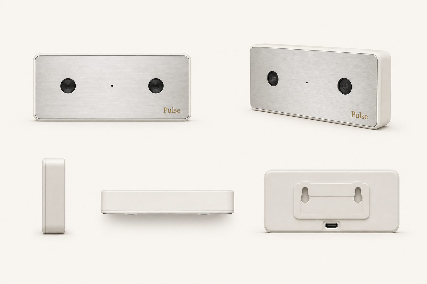 Pulse sensor shown from five angles: front, three-quarter, side, top, and back.