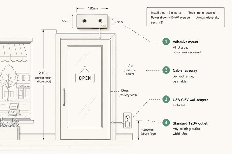 Diagram of the Pulse sensor installed above a storefront door, plugged into a standard wall outlet.